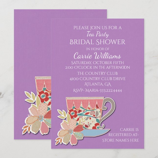 Lavender Tea Cup Bridal Shower Invitation (Front/Back)