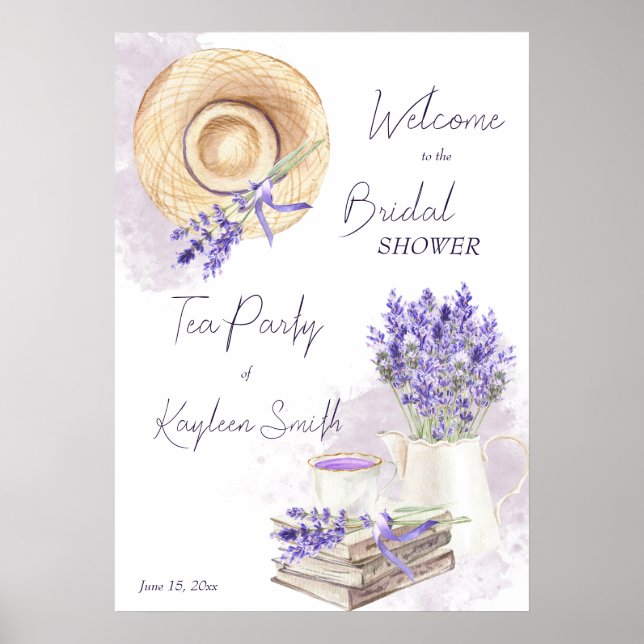 Lavender tea party bridal shower welcome sign (Front)