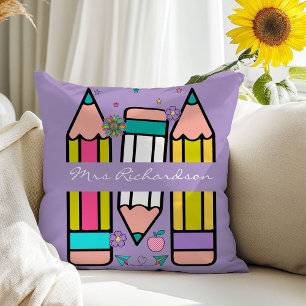 Lavender Teacher Colourful Pencil Name Throw Pillo Cushion