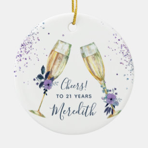 Lavender Teal Champagne Toast 21st Birthday Ceramic Tree Decoration