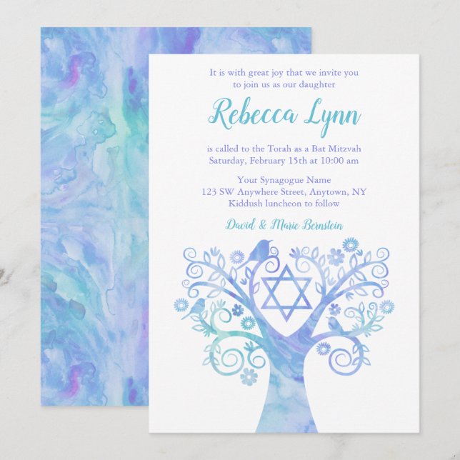 Lavender Teal Watercolor Tree of Life Bat Mitzvah Invitation (Front/Back)