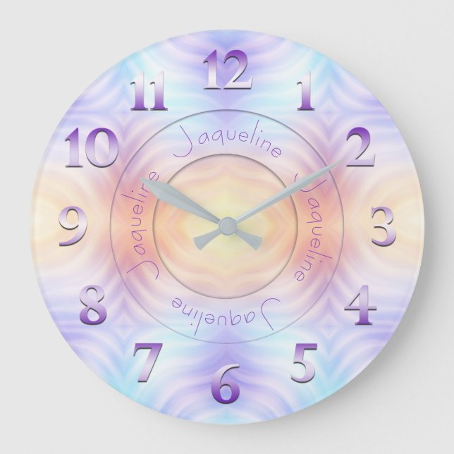 Lavender Teal Yellow Orange Geometric with Name Large Clock (Front)
