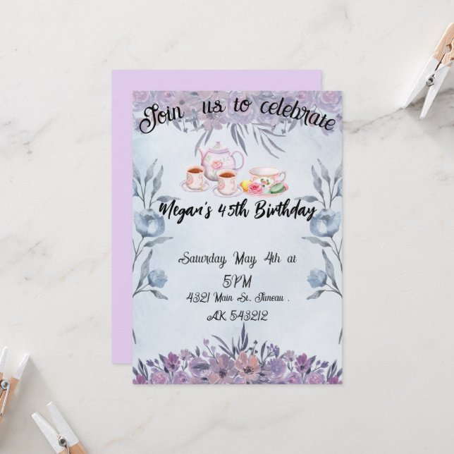 Lavender teapot flowers birthday  invitation (Front/Back In Situ)