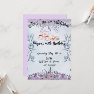 Lavender teapot flowers birthday invitation