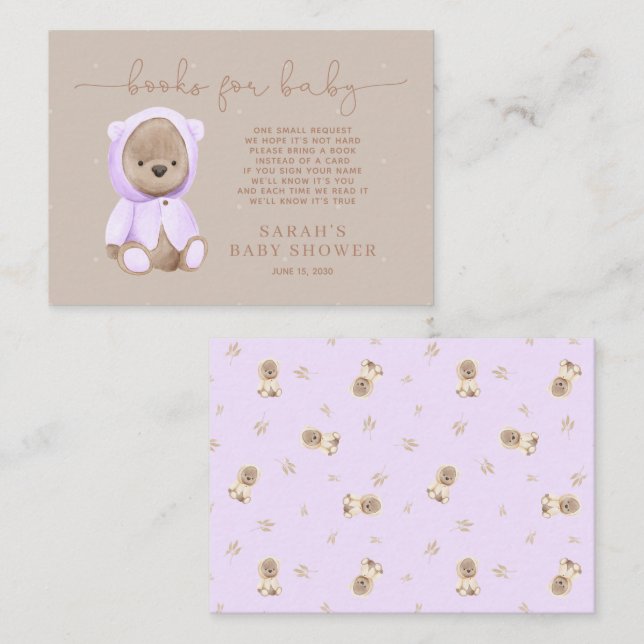 Lavender Teddy Bear Baby Shower Book Request Enclosure Card (Front/Back)