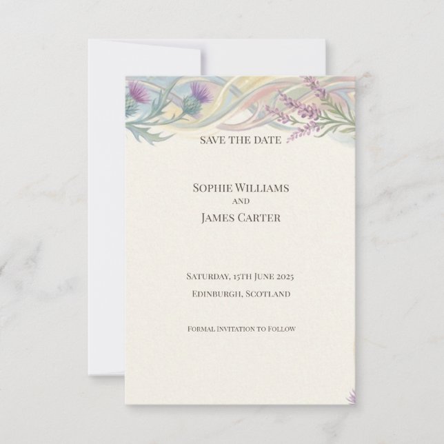 Lavender Thistle Garland Save the Date Card (Front)