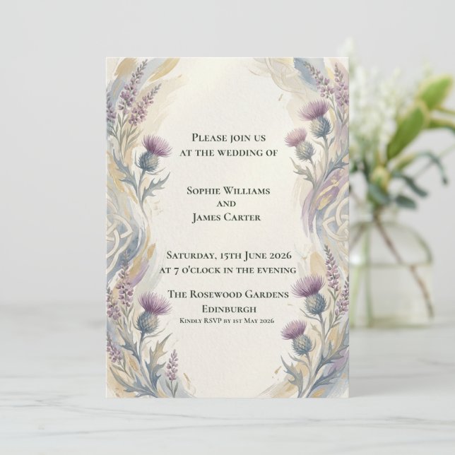 Lavender Thistle Gold Celtic Knot Romantic Scottis Invitation (Standing Front)