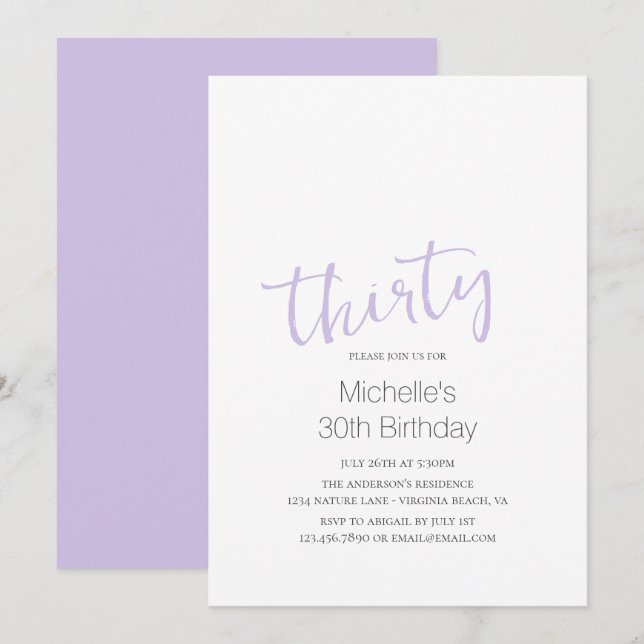 Lavender Trendy Modern Minimalist 30th Birthday Invitation (Front/Back)
