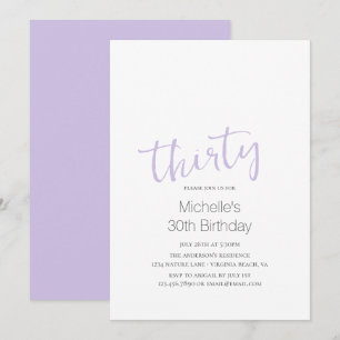 Lavender Trendy Modern Minimalist 30th Birthday Invitation