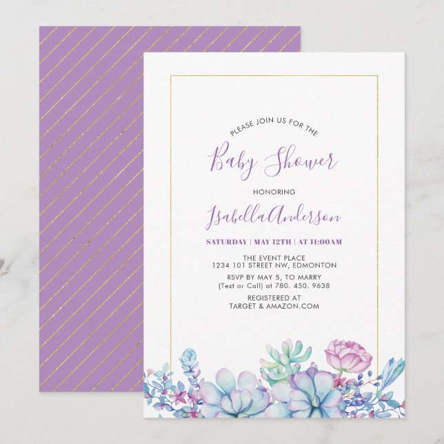 Lavender | Tropical Succulents Summer Baby Shower Invitation (Front/Back)