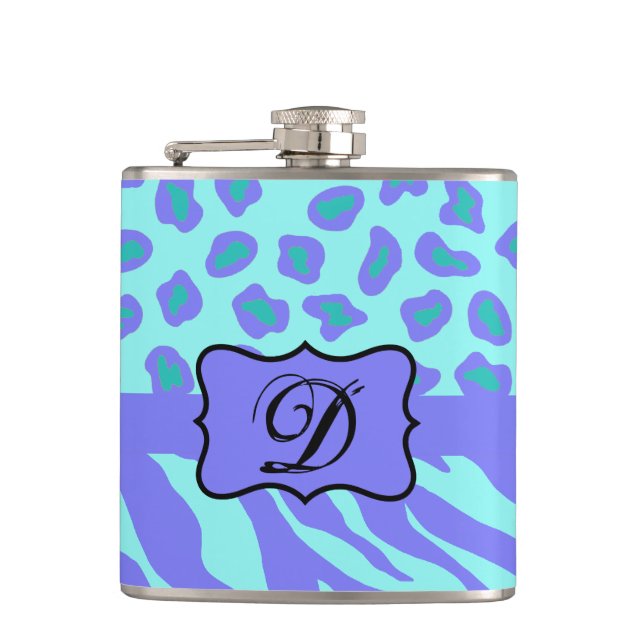 Lavender Turquoise Zebra Leopard Monogram Initial Hip Flask (Front)