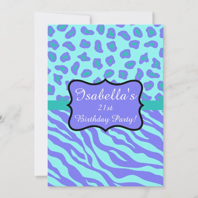 Lavender Turquoise Zebra Leopard Skin Quinceañera Invitation (Front)