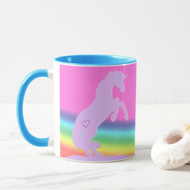Lavender Unicorn Silhouette (rainbow background) Mug (With Donut)