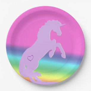 Lavender Unicorn Silhouette (rainbow background) Paper Plate