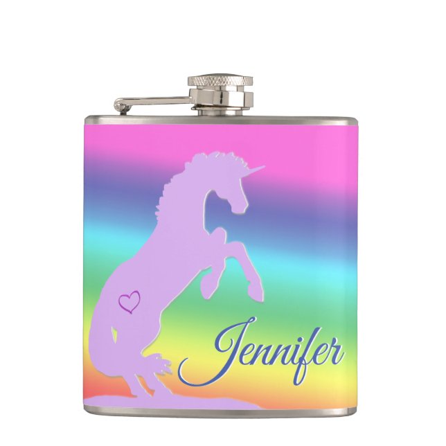 Lavender Unicorn Silhouette (rainbow/personalise) Hip Flask (Front)