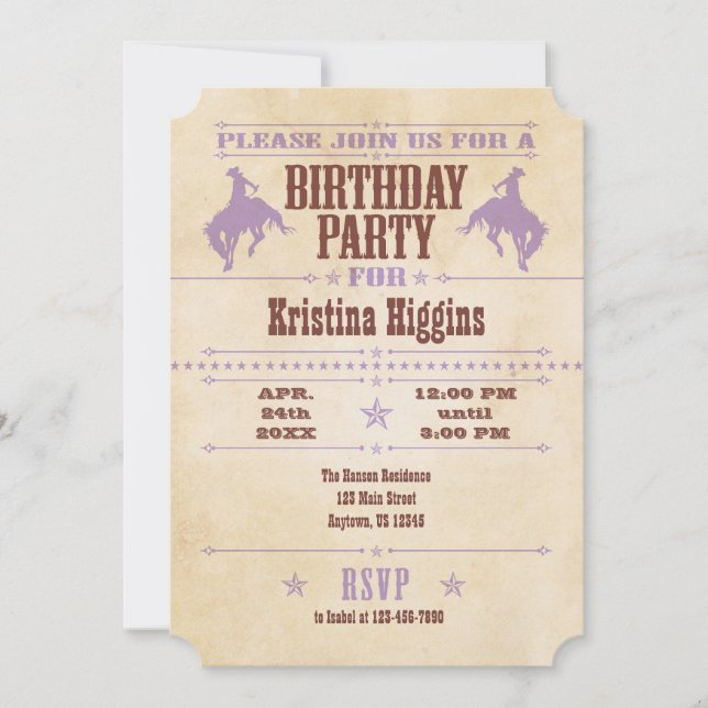 Lavender Vintage Cowboy Birthday Invitation (Front)