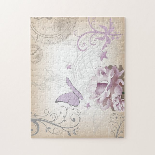 Lavender Vintage Flower, Butterfly, Music, Clocks Jigsaw Puzzle (Vertical)
