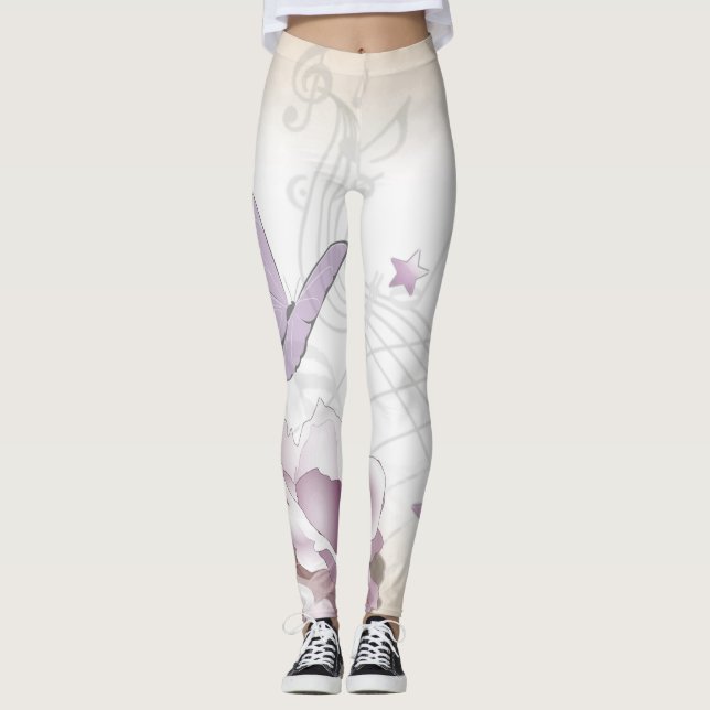 Lavender Vintage Flower, Butterfly, Music, Clocks Leggings (Front)