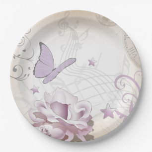 Lavender Vintage Flower, Butterfly, Music, Clocks Paper Plate