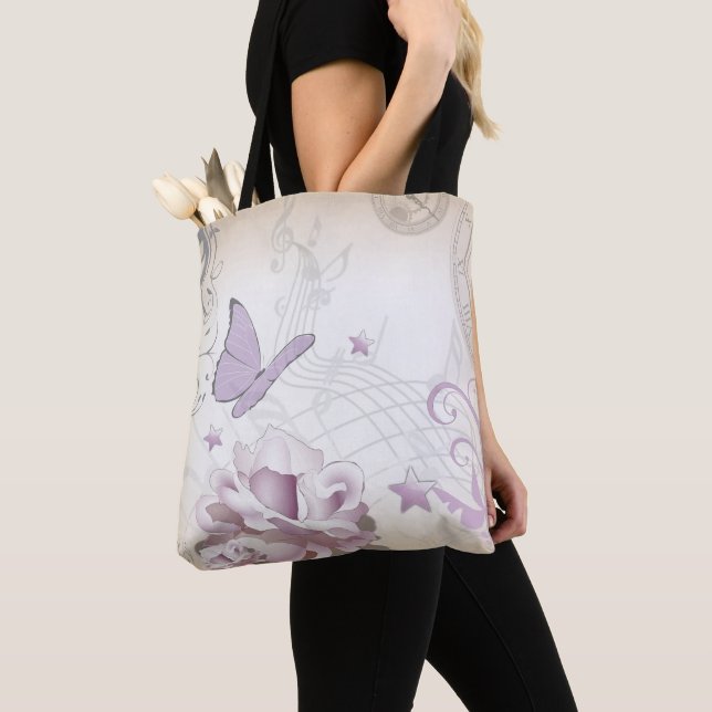 Lavender Vintage Flower, Butterfly, Music, Clocks Tote Bag (Close Up)