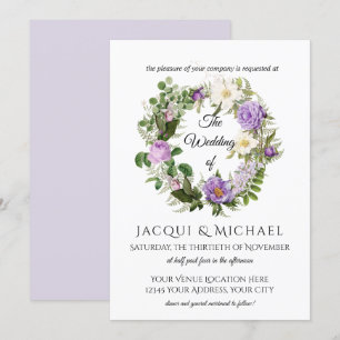 Lavender Vintage Ivory Roses w Fern Wreath Wedding Invitation