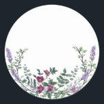 Lavender Vintage Red Rose and Eucalyptus Classic Round Sticker<br><div class="desc">An elegant and vintage design featuring red roses,  eucalyptus,  and lavender painted in romantic watercolor.</div>