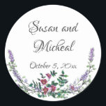 Lavender Vintage Red Rose and Eucalyptus Classic Round Sticker<br><div class="desc">An elegant and vintage design featuring red roses,  eucalyptus,  and lavender painted in romantic watercolor.</div>