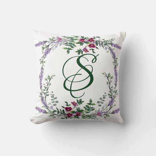 Lavender Vintage Red Rose and Eucalyptus Cushion (Front)