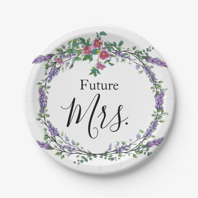 Lavender,  vintage Roses, Eucalyptus Future Mrs. Paper Plate (Front)