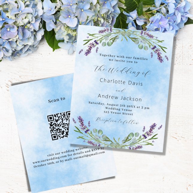 Lavender violet blue QR budget wedding invitation Flyer (Creator Uploaded)