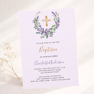 Lavender violet floral greenery girl cross Baptism Invitation