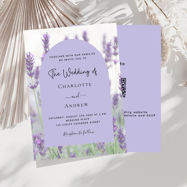 Lavender violet florals arch QR code RSVP wedding Invitation (Creator Uploaded)