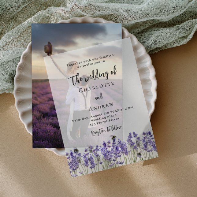 Lavender violet florals bees wedding vellum invitations (Creator Uploaded)