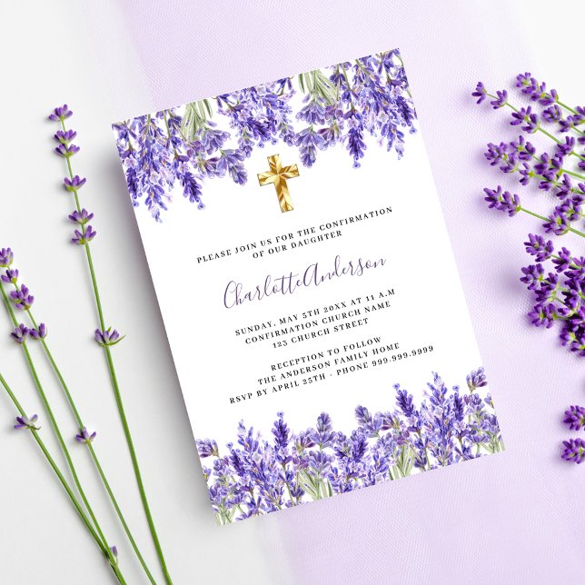 Lavender violet florals cross luxury Confirmation Invitation (Creator Uploaded)
