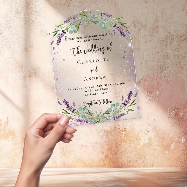 Lavender violet florals eucalyptus arch wedding acrylic invitations (Creator Uploaded)