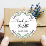 Lavender violet florals eucalyptus thank you classic round sticker<br><div class="desc">A stylish white background decorated with lavender flowers and eucalyptus greenery.  Personalise and add your name and a date or event.  With the text: Thank you and a heart</div>