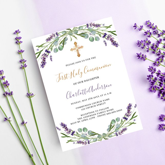 Lavender violet florals luxury First Communion Invitation (Creator Uploaded)
