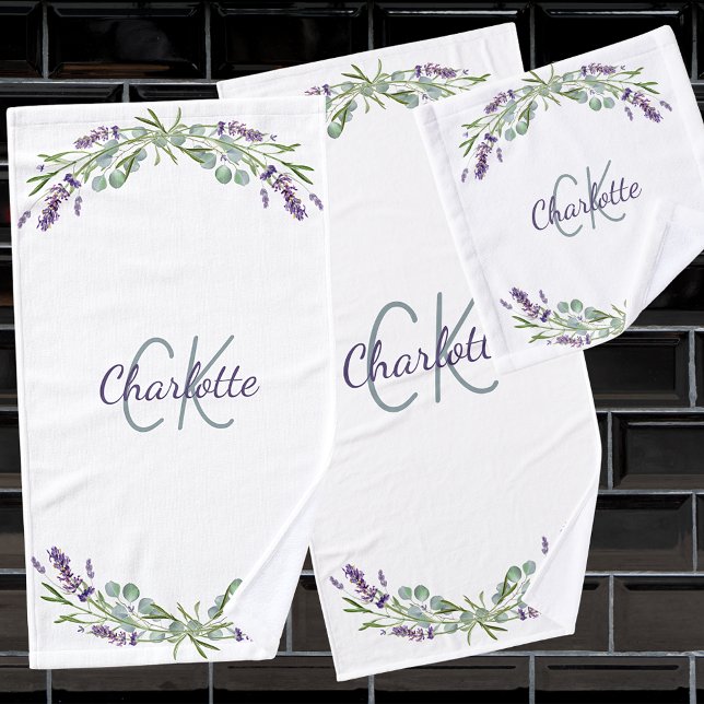 Lavender violet florals monogram name elegant bath towel set (Creator Uploaded)