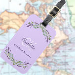 Lavender violet florals monogram name elegant luggage tag<br><div class="desc">Violet background,  decorated with lavender florals and eucalyptus greenery. Personalise and add a name and monogram initials. The name is written with a modern hand lettered style script.</div>
