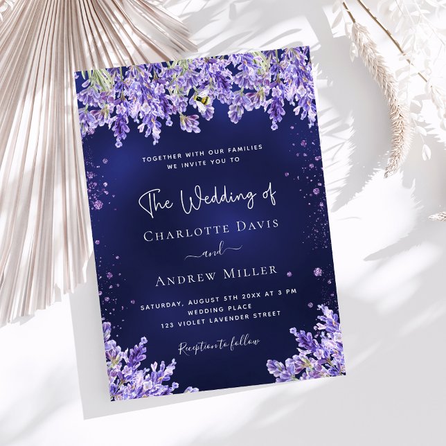 Lavender violet florals navy blue luxury wedding invitation (Creator Uploaded)