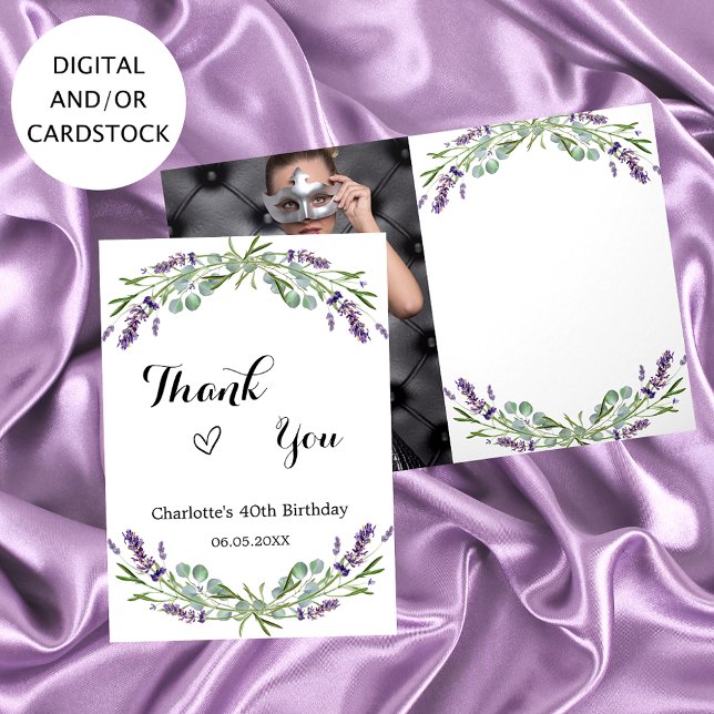 Lavender violet florals photo birthday thank you card (Creator Uploaded)