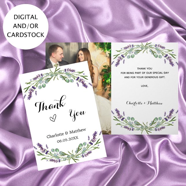 Lavender violet florals photo wedding thank you card (Creator Uploaded)