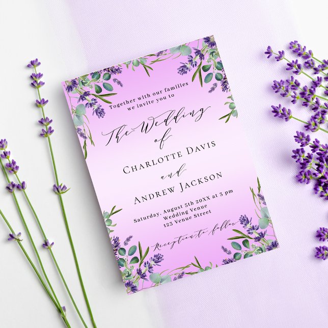 Lavender violet florals pink greenery wedding invitation (Creator Uploaded)