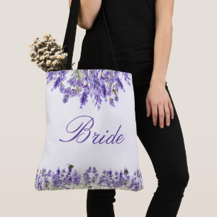 Lavender violet florals script bride wedding tote bag