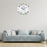 Lavender violet florals wedding anniversary large clock<br><div class="desc">White background,  violet,  green and black text. Decorated with lavender flowers,  and eucalyptus greenery.   Personalise and add your names and the wedding date or anniversary date.  Clock face numers under the florals.</div>