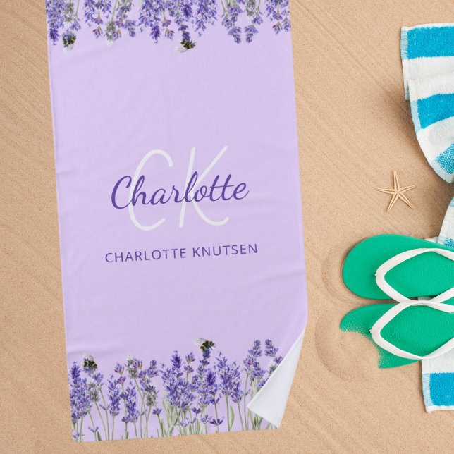 Lavender violet flowers monogram initials beach towel (Creator Uploaded)