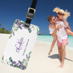 Lavender violet flowers monogram name luggage tag<br><div class="desc">A white background,  decorated with lavender florals and eucalyptus greenery. Personalise and add a name and monogram initials. The name is written with a modern hand lettered style script.</div>