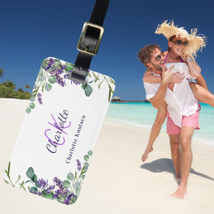Lavender violet flowers monogram name luggage tag