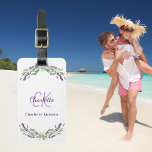 Lavender violet flowers monogram name white luggage tag<br><div class="desc">A white background,  decorated with lavender florals and eucalyptus greenery. Personalise and add a name and monogram initials. The name is written with a modern hand lettered style script.</div>