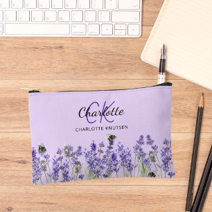 Lavender violet flowers name monogram accessory pouch